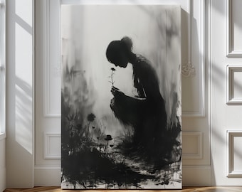 May include: A black and white painting of a person kneeling in a field of flowers. The person is looking down at a single flower in their hand. The background is a blurry, abstract landscape.