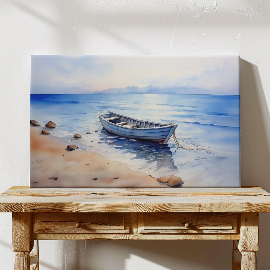 Tranquil Sea Watercolor Canvas Print, Coastal Beach Scene Wall Art ...