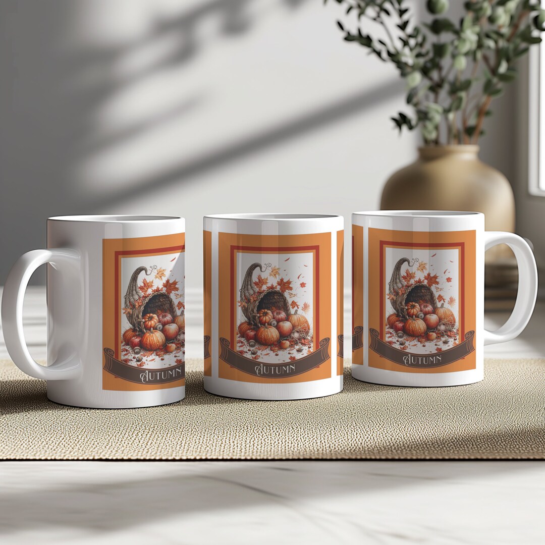 Autumn Harvest Pumpkin Cornucopia 11oz Mug, Fall Seasonal Coffee Cup ...
