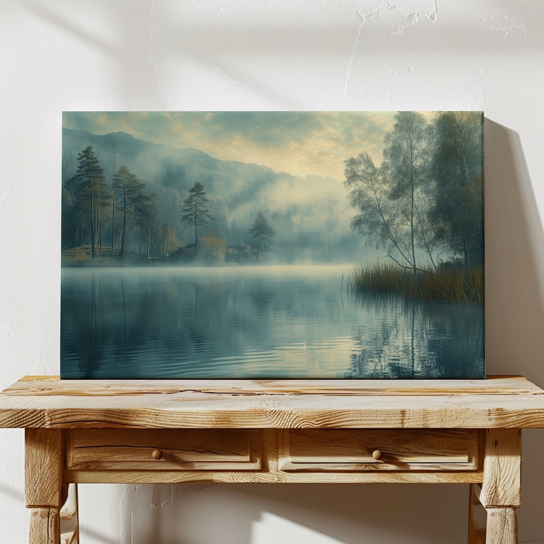 Misty Forest Lake Canvas Wall Art, Tranquil Nature Landscape Print ...