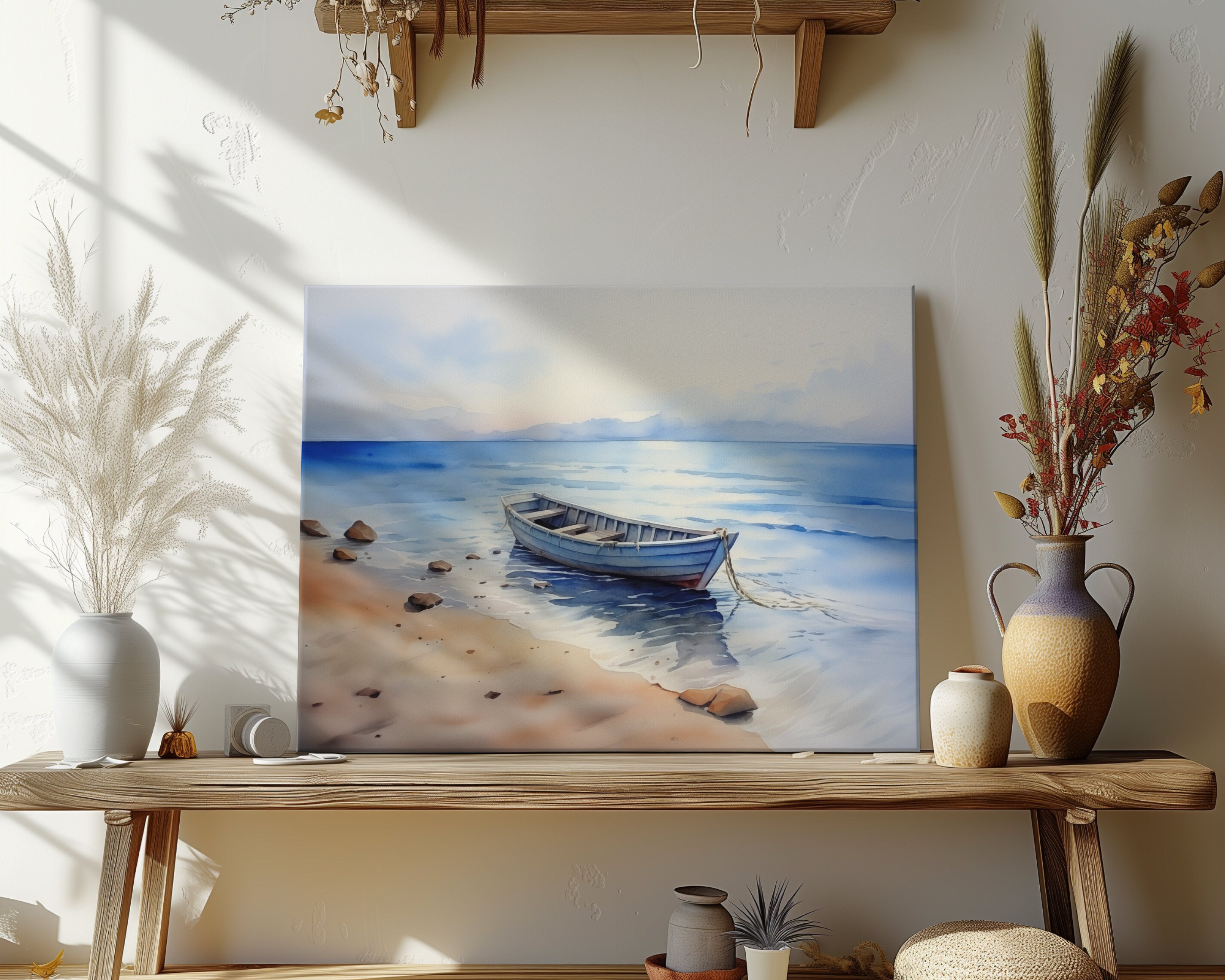 Tranquil Sea Watercolor Canvas Print, Coastal Beach Scene Wall Art ...
