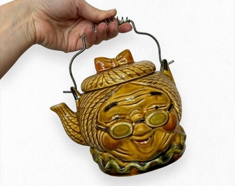Vintage 70's Grandma Face Teapot Metal Handle Japan