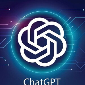 May include: A white logo with a stylized, abstract design resembling a flower or a starburst, set against a blue background with a glowing circle around the logo. The text "ChatGPT" is below the logo.