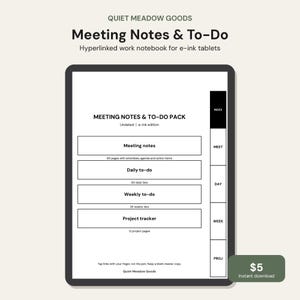 Meeting Notes Template for reMarkable & Kindle Scribe | Hyperlinked Meeting Notebook, Action Items, To Do List | E-ink PDF, Boox, Supernote