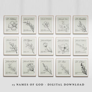 Hebrew Names of God Printable Art Set of 15 Shaddai Jireh Rapha Nissi Jehovah M&#39;kaddesh Shalom Elohim Tsidkenu Rohi Shammah Sabaoth Elyon