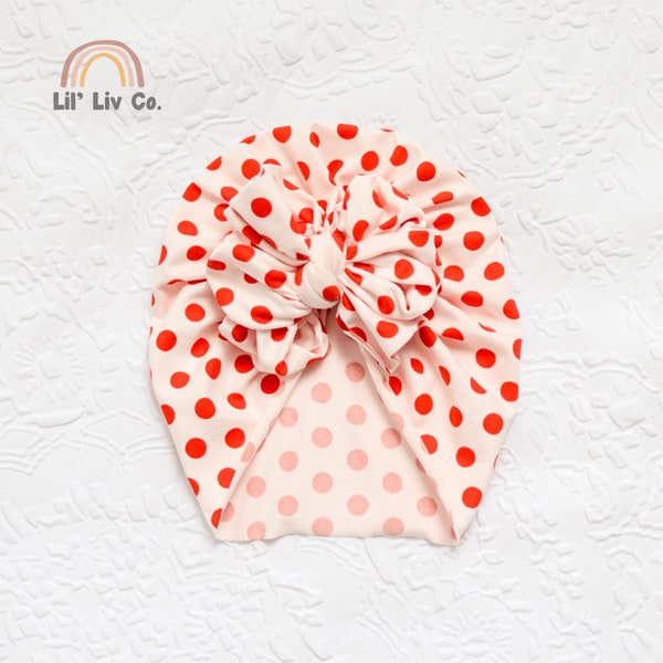 DOTS - Baby turban headwrap hat, messy bow, toddler, kid, girl, newborn, Red Polka Dots