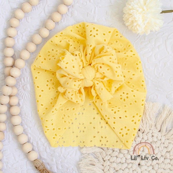 LUZ Yellow Bright Eyelet Baby Headwrap turban hat, messy raga bow, shower gift, toddler kid girl