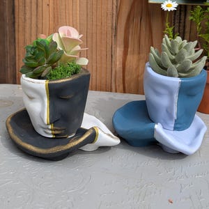 May include: Two ceramic planters shaped like faces, one black and white, the other blue and white, with succulents planted inside. The planters are on a gray surface.