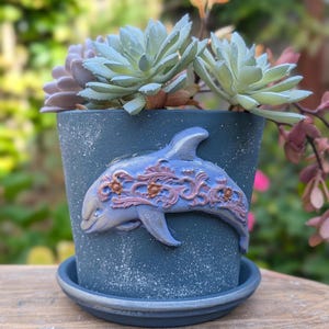May include: A blue ceramic flower pot with a dolphin design and a matching saucer. The pot is filled with succulents in shades of green and purple. The dolphin is light blue with copper-colored accents. The pot sits on a wooden surface.