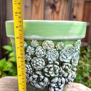 Op de afbeelding: Een groene keramische plantenpot, ongeveer 25 cm hoog, versierd met verhoogde succulentenontwerpen. De pot heeft een brede rand en een bijpassende schotel. De pot is geschilderd in een gedempte groene kleur.