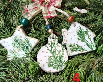 Handmade Clay Christmas Ornaments Set of 2, Hand Painted Holiday Decorations, Rustic Christmas Tree Ornaments, Christmas Gift