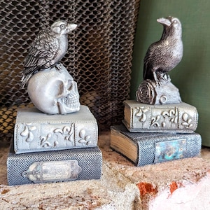 Gothic Raven & Skull Book Decor – Hand-Painted Cement Casting
