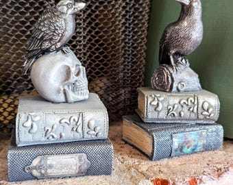 Gothic Raven & Skull Book Decor – Hand-Painted Cement Casting