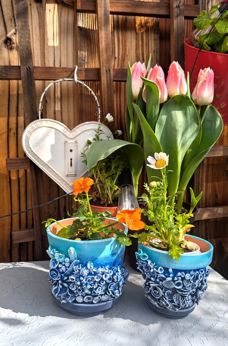 Pu&ograve; includere: Due vasi di fiori in ceramica blu e bianca con un design testurizzato che ricorda le conchiglie. I vasi sono pieni di piante verdi e fiori arancioni. I vasi sono su un tavolo bianco con uno sfondo in legno.