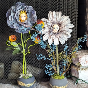 Talking Flowers from Wonderland – Hand-Painted Clay Faces in Concrete Pots – Alice in Wonderland Party Decor