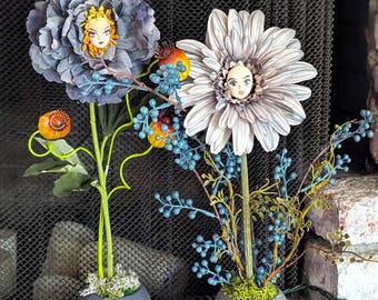 Alice in Wonderland Talking Flowers: Hand-Painted Clay Faces in Concrete Pots