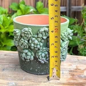 Op de afbeelding: Een groene keramische plantenpot met decoraties in de vorm van vetplanten. De pot is ongeveer 13 cm hoog. De binnenkant is terracotta van kleur en de pot heeft een gespikkelde afwerking.