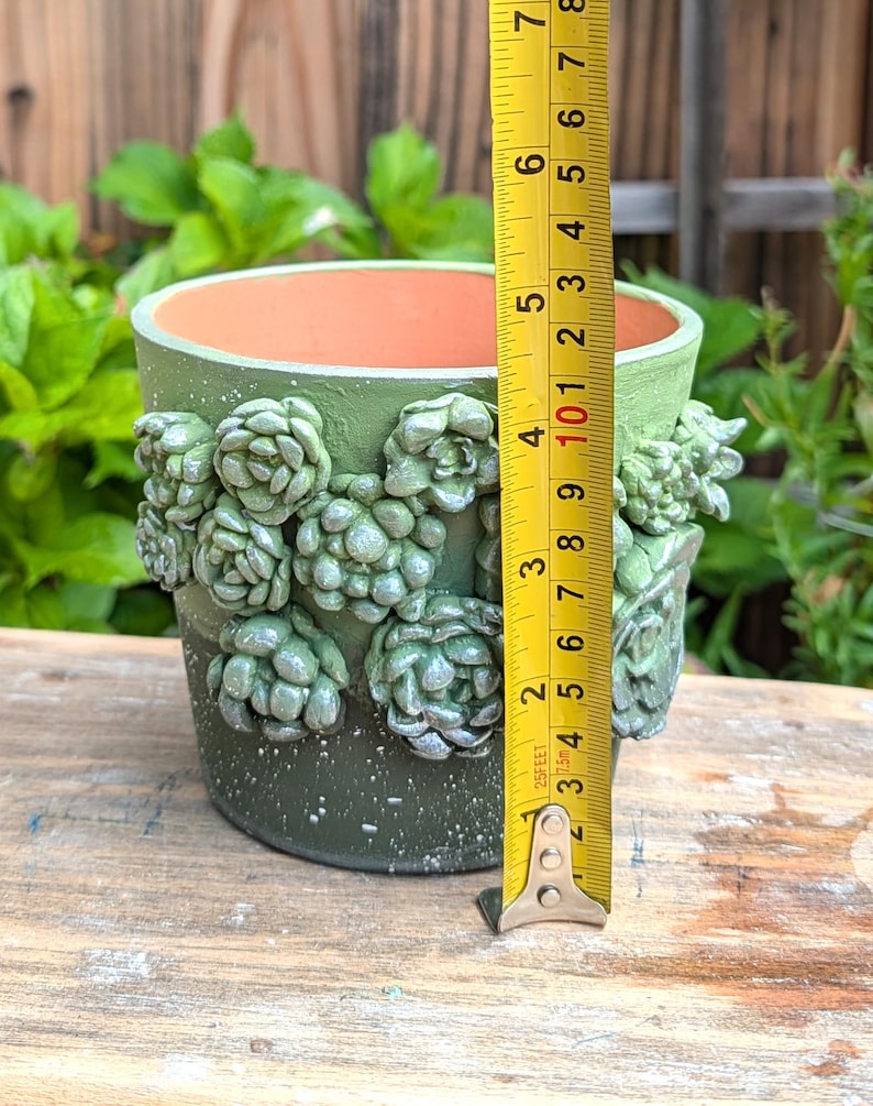 Op de afbeelding: Een groene keramische plantenpot met decoraties in de vorm van vetplanten. De pot is ongeveer 13 cm hoog. De binnenkant is terracotta van kleur en de pot heeft een gespikkelde afwerking.