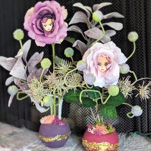 Talking Flowers from Wonderland – Hand-Painted Clay Faces in Concrete Pots – Alice in Wonderland Party Decor