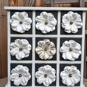 Handcrafted Wooden Mini Dresser with Ceramic Floral Knobs | OOAK Redesigned Apothecary Cabinet | Artisan Home Decor