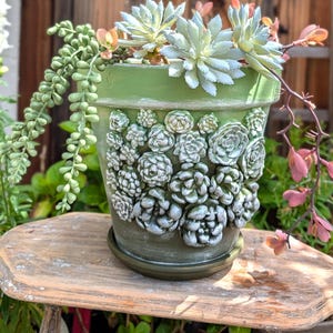 Op de afbeelding: Een groene keramische plantenpot met een gedetailleerd reli&euml;f van vetplanten. De pot is gevuld met levende vetplanten en hangend groen. De pot staat op een kleine houten kruk, wat een natuurlijke, aardse uitstraling cre&euml;ert.
