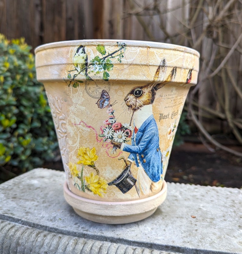 Alice in Wonderland Planter: Handmade Clay Plant Pot, Garden Decor (8") Rabbit
