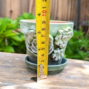 Op de afbeelding: Een groene keramische plantenpot met bijpassende schotel. De pot is ongeveer 10 cm hoog en heeft reli&euml;f succulent ontwerpen. De pot staat op een houten oppervlak met groen op de achtergrond.