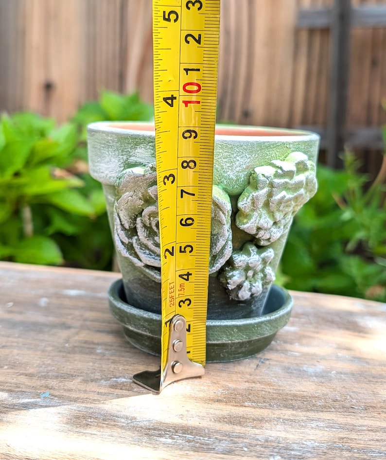 Op de afbeelding: Een groene keramische plantenpot met bijpassende schotel. De pot is ongeveer 10 cm hoog en heeft reli&euml;f succulent ontwerpen. De pot staat op een houten oppervlak met groen op de achtergrond.