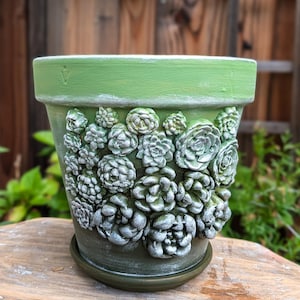 Op de afbeelding: Groene keramische plantenpot met een gedetailleerd reli&euml;f van vetplanten. De pot heeft een bijpassende schotel en een verweerde afwerking. De pot is geschilderd in groen- en wittinten en is geschikt voor binnen of buiten.