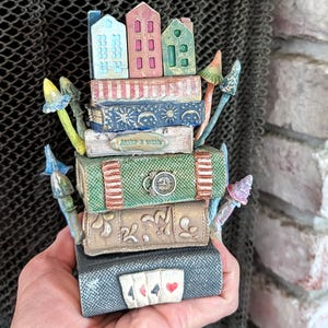 Miniature Book Stack Candle Holder, Tiny City on Books, Alice Inspired Decor, Book Lover Gift, Whimsical Home Accent, Unique Handmade Art