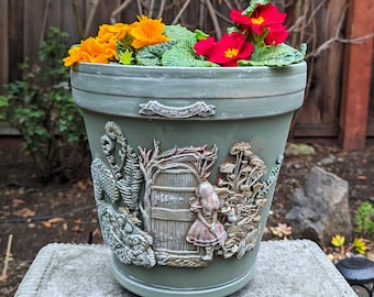 Alice in Wonderland Planter: Handmade Clay Flower Pot, Garden Decor