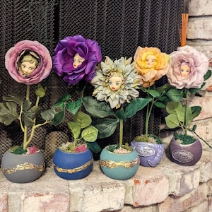 Talking Flowers from Wonderland – Hand-Painted Clay Faces in Concrete Pots – Alice in Wonderland Party Decor
