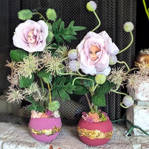 Talking Flowers from Wonderland – Hand-Painted Clay Faces in Concrete Pots – Alice in Wonderland Party Decor