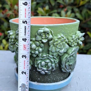 May include: Green ceramic planter with raised succulent designs and a matching saucer. The planter is approximately 5 inches tall. The interior is orange, and the base is light blue. A measuring tape is next to the planter.