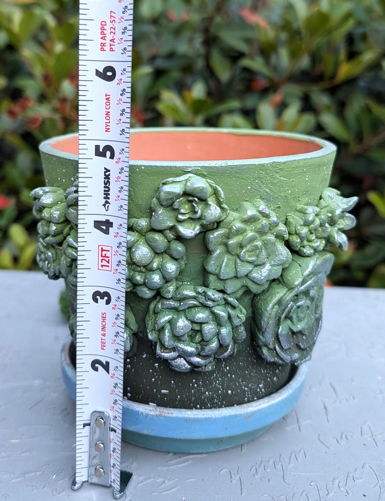 May include: Green ceramic planter with raised succulent designs and a matching saucer. The planter is approximately 5 inches tall. The interior is orange, and the base is light blue. A measuring tape is next to the planter.