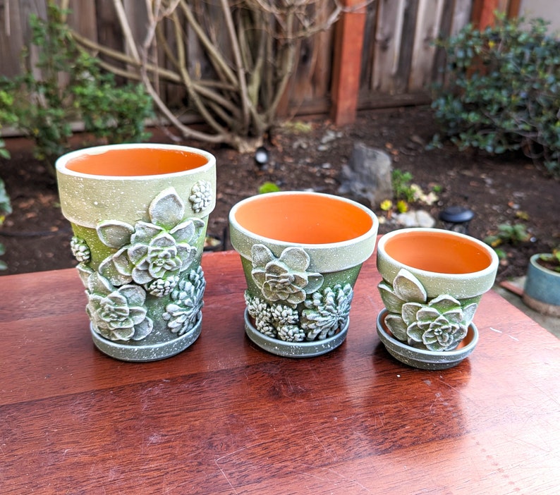 May include: Set of three green ceramic flower pots with succulent designs. The pots vary in size, with an orange interior and matching saucers. The pots are arranged on a wooden surface, ideal for planting succulents or small plants.