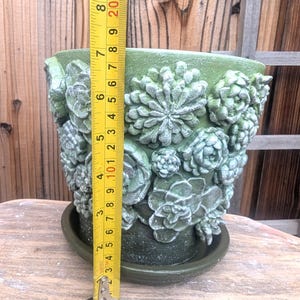 Op de afbeelding: Groene keramische bloempot met een gedetailleerd vetplantenontwerp. De pot is ongeveer 20 cm hoog en heeft een bijpassende schotel. Het getextureerde oppervlak en de reli&euml;fdetails cre&euml;ren een uniek, decoratief stuk.