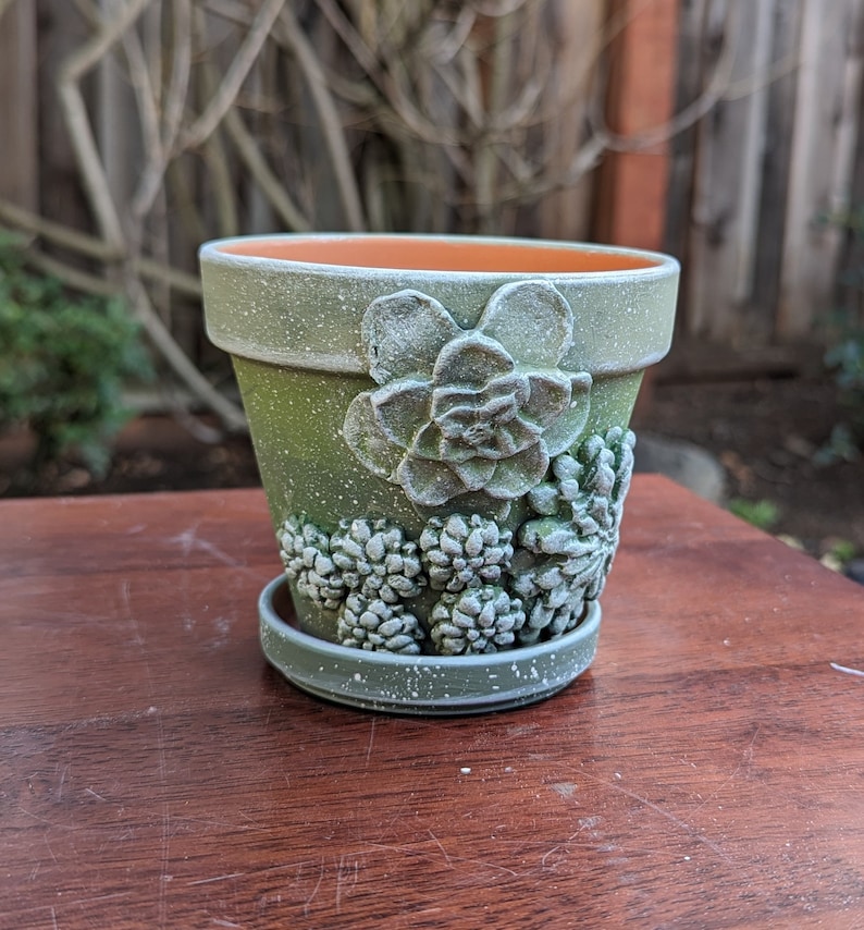 May include: A green ceramic plant pot with a matching saucer. The pot is decorated with a raised succulent design and speckled with white paint. The interior is orange.