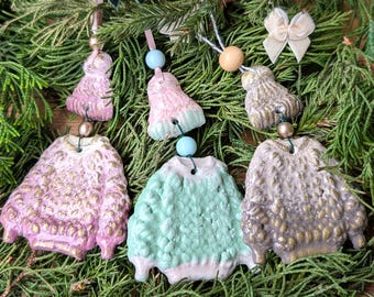 Handmade Christmas Sweater Ornaments Set of 3, Clay Holiday Decorations, Hand Painted Christmas Tree Ornaments, Unique Christmas Gift