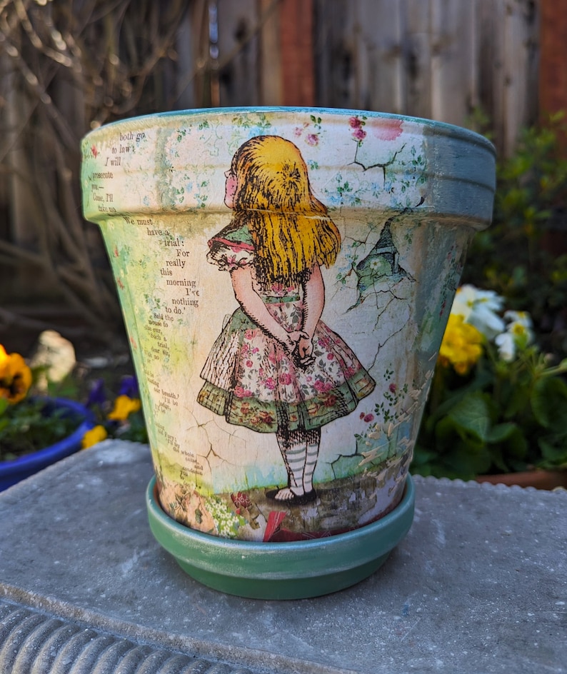 Alice in Wonderland Planter: Handmade Clay Plant Pot, Garden Decor (8") Alice