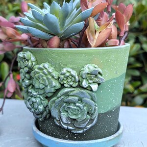 May include: A decorative green and blue ceramic planter with a succulent design. The planter is filled with a variety of succulents in shades of green, pink, and orange. The planter has a matching saucer.