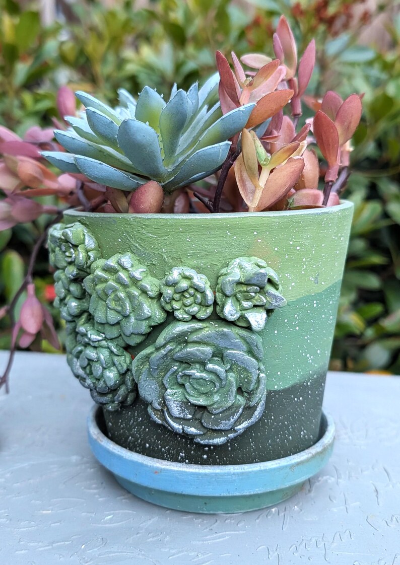 May include: A decorative green and blue ceramic planter with a succulent design. The planter is filled with a variety of succulents in shades of green, pink, and orange. The planter has a matching saucer.