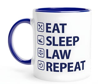 Fun Lawyer Mug | 'Eat, Sleep, Law, Repeat' | Blue & White | 11oz Ceramic Mug