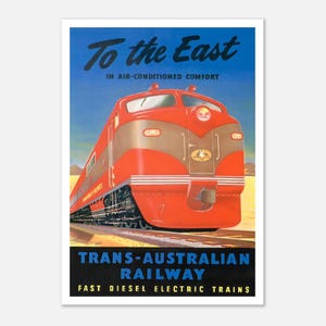 Vintage Commonwealth Eisenbahn Plakat - 'Nach dem Osten in Air-Conditioned Comfort' - 1951 Trans Australian Eisenbahn Kunst