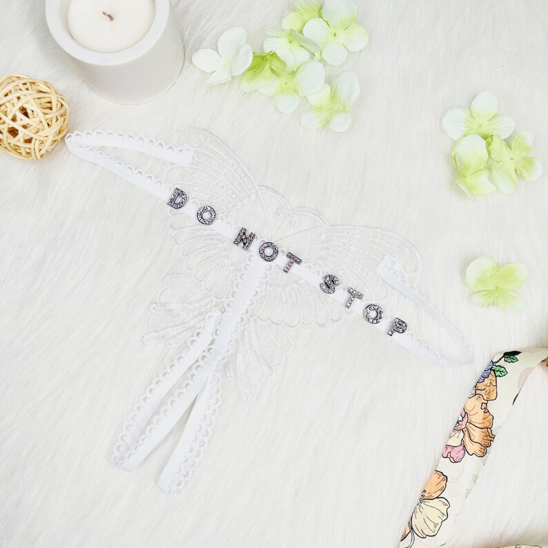 Custom thong with rhinestone letters in butterfly shape,customized name thongs, personalized thong gifts,seethrough thong,bridal shower gift White