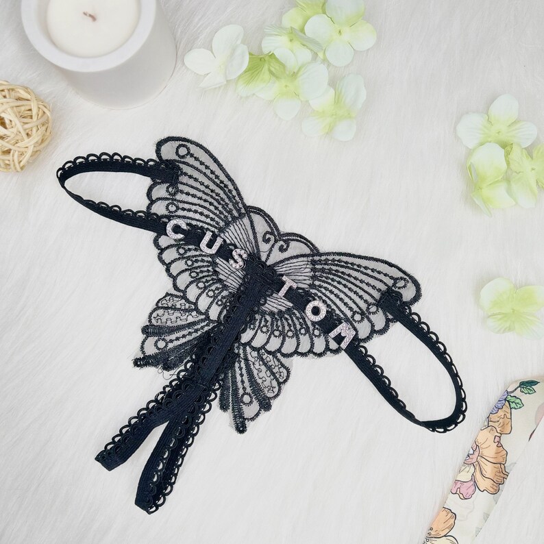 Custom thong with rhinestone letters in butterfly shape,customized name thongs, personalized thong gifts,seethrough thong,bridal shower gift Black