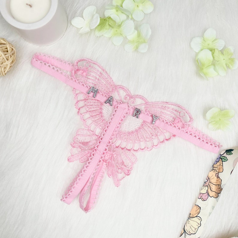 Custom thong with rhinestone letters in butterfly shape,customized name thongs, personalized thong gifts,seethrough thong,bridal shower gift Pink
