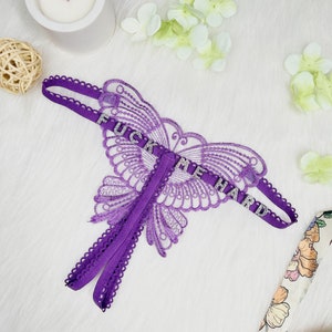 Custom thong with rhinestone letters in butterfly shape,customized name thongs, personalized thong gifts,seethrough thong,bridal shower gift Purple