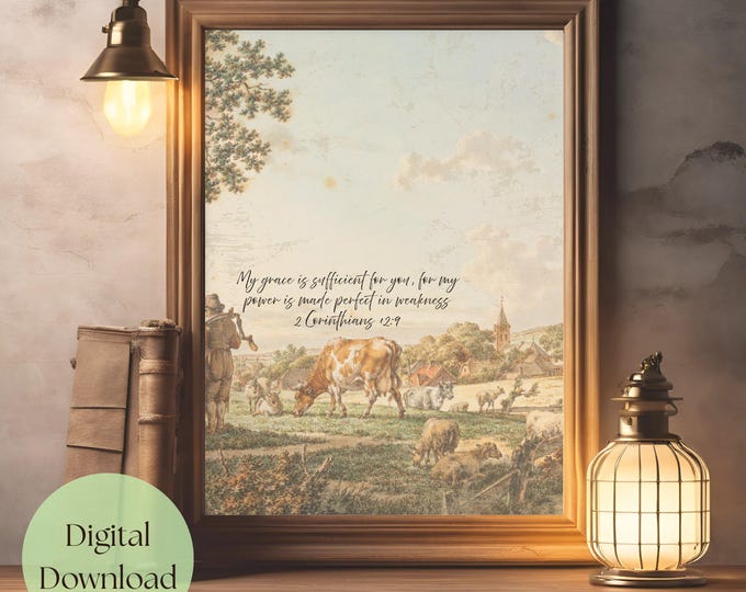 Farmhouse Bible Verse Art – 2 Corinthians 12:9, Rustic Christian Print (Digital Download)