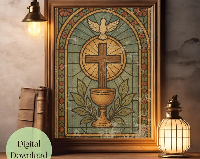 Vintage Stained Glass Cross Print: Christian Home Decor (Digital Download)